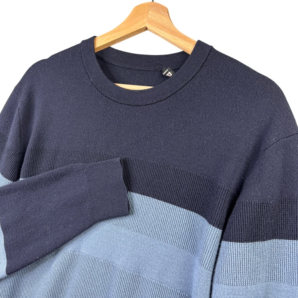Theory Mens Kamren Crew Novo Merino Wool Colorblock Stripe Sweater Navy Blue L